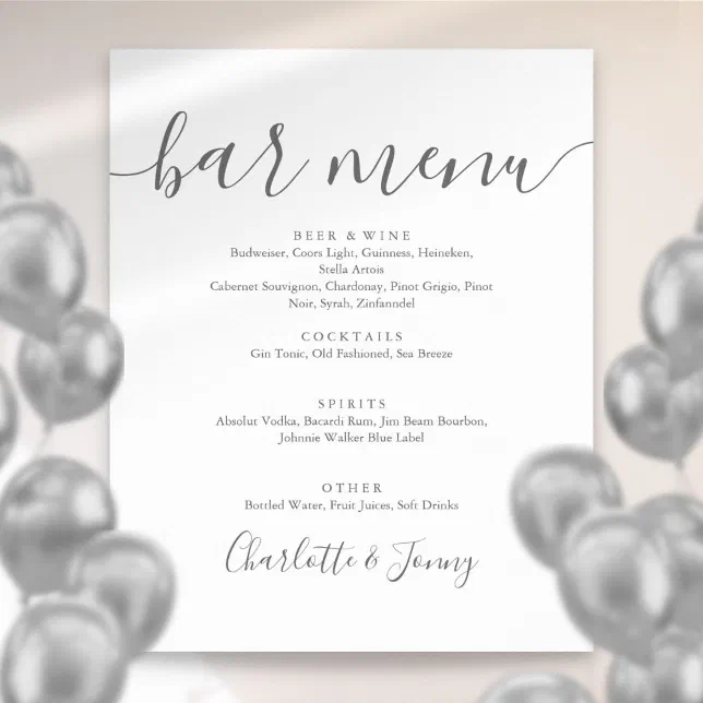 Gray And White Signature Script Bar Menu Sign | Zazzle