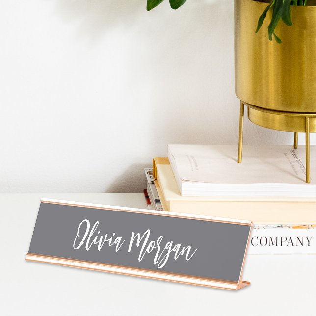 Gray and White Sketched Cursive Script Desk Name Plate (Creator Uploaded)