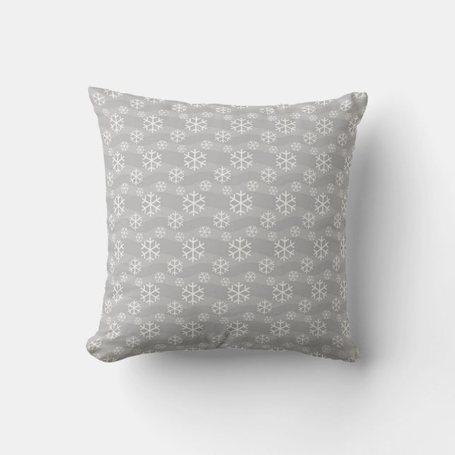 Gray and White Snowflake Pattern Modern Seasonal Throw Pillow (Front)