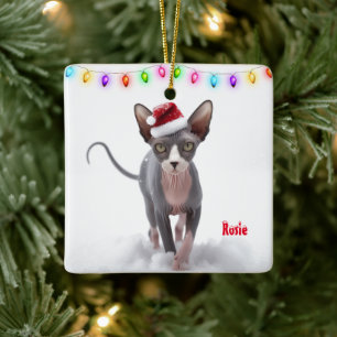 Gray and White Sphynx Cat Christmas Ceramic Ornament