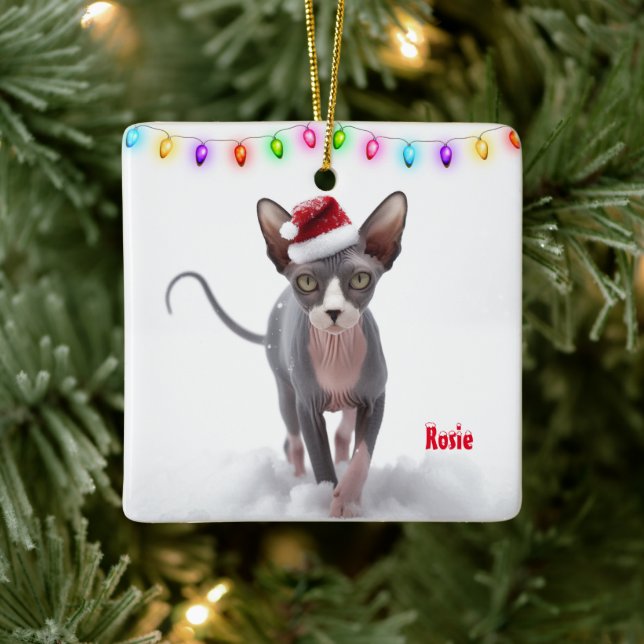 Gray and White Sphynx Cat Christmas Ceramic Ornament (Tree)