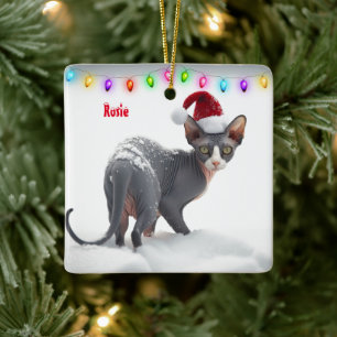 Gray and White Sphynx Cat Christmas Ceramic Ornament