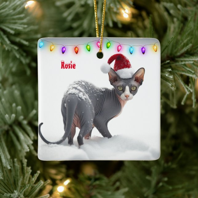 Gray and White Sphynx Cat Christmas Ceramic Ornament (Tree)