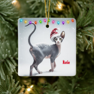 Gray and White Sphynx Cat Christmas Ceramic Ornament