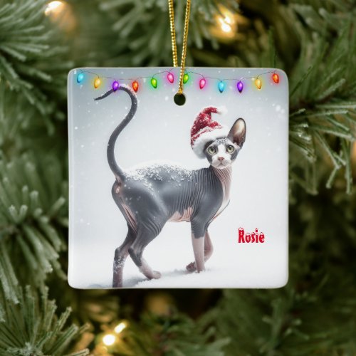 Gray and White Sphynx Cat Christmas Ceramic Ornament