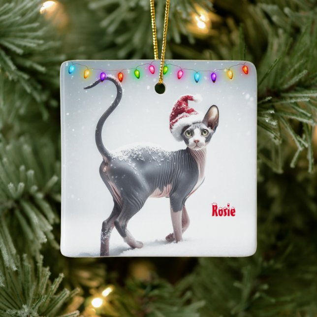 Gray and White Sphynx Cat Christmas Ceramic Ornament (Tree)