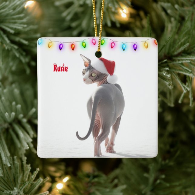 Gray and White Sphynx Cat Christmas Ceramic Ornament (Tree)
