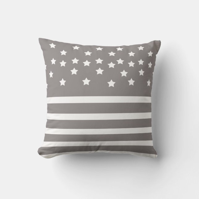 Gray and White Stars & Stripes Throw Pillow (Front)
