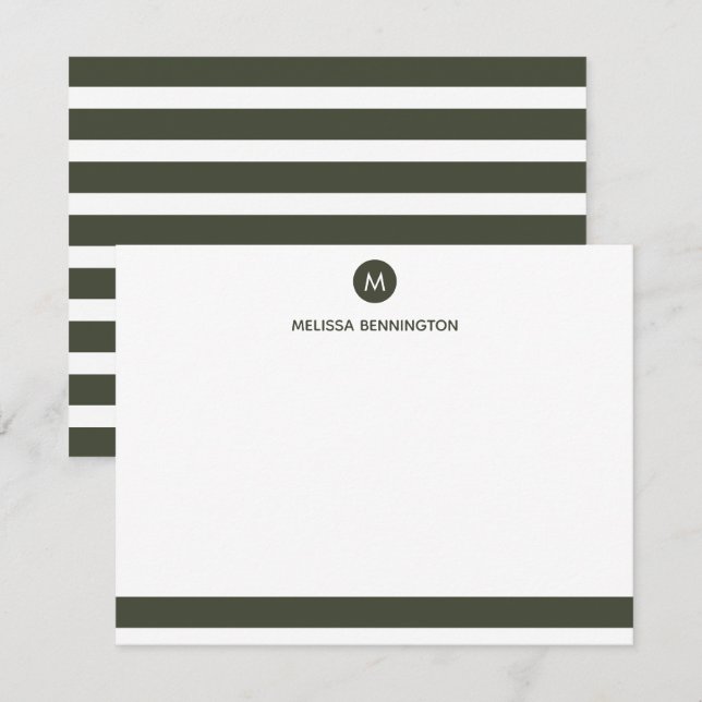 Gray and White Stripe Monogram Personalized Note Card (Front/Back)
