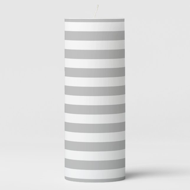 Gray and White Stripe Pattern Pillar Candle (Front)