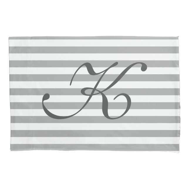 Gray and white striped monogrammed pillowcase (Front)