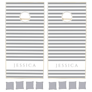 Gray And White Striped Pattern Name Cornhole Set