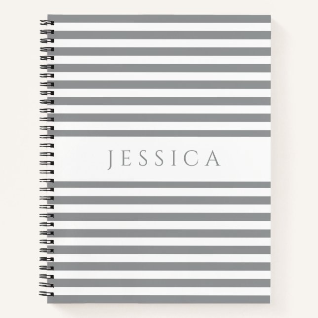 Gray And White Striped Pattern Name Notebook (Front)