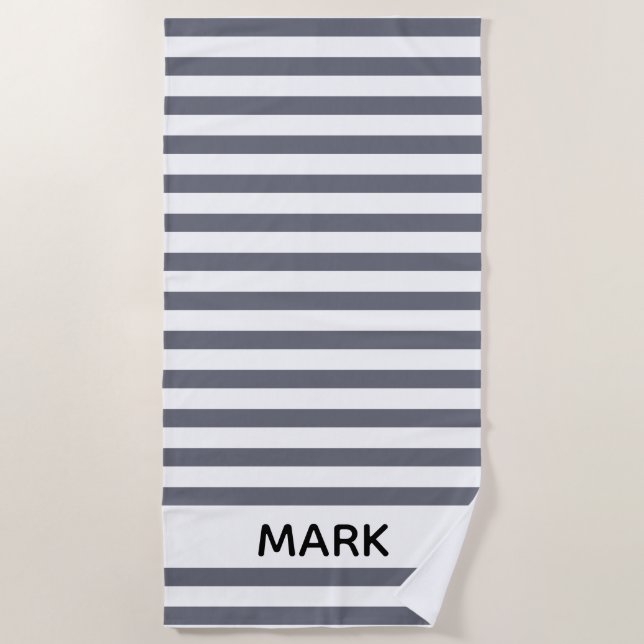 Gray And White Striped Personalized Beach Towel (Front)
