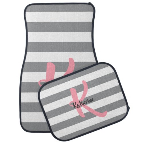 Gray and White Striped Pink Monogram Car Floor Mat