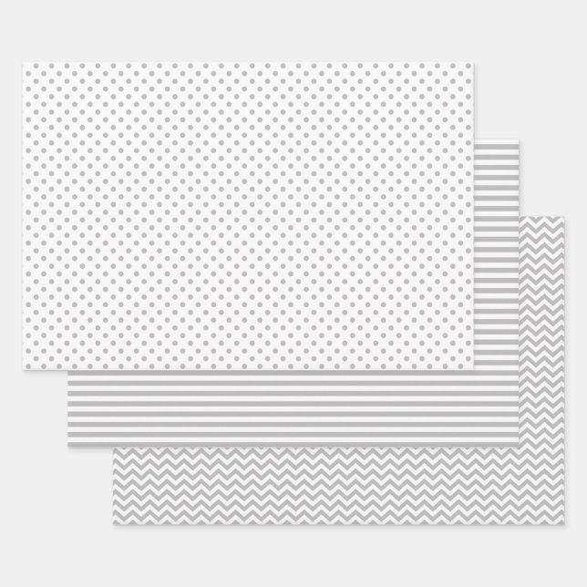 Gray and White Stripes Chevron Polka Dots Wrapping Paper Sheets (Set)