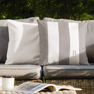 Gray and White Stripes Monogram Name Outdoor Throw Pillow