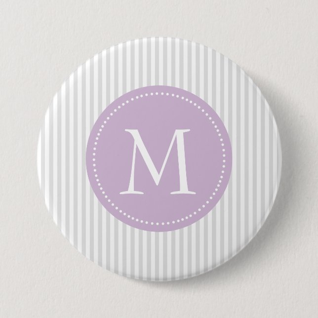 Gray And White Stripes Purple Custom Monogram Pinback Button (Front)