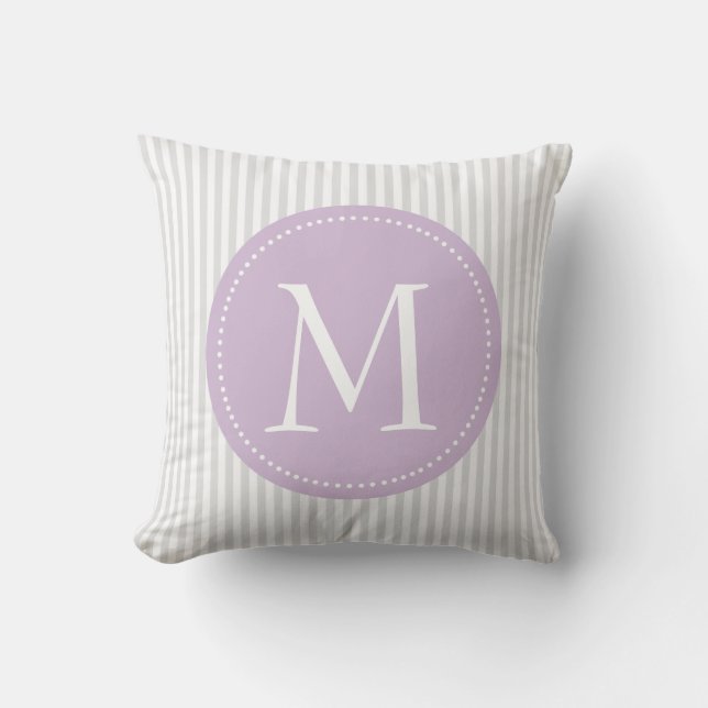 Gray And White Stripes Purple   Custom Monogram Throw Pillow (Front)