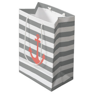Gray and White Stripes with Coral Nautical Anchor Medium Gift Bag