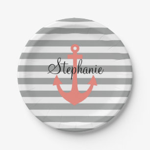 Gray and White Stripes with Coral Nautical Anchor Paper Plates