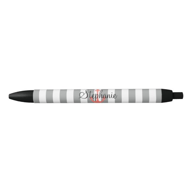 Gray and White Stripes with Coral  Nautical Anchor Pen (Front)