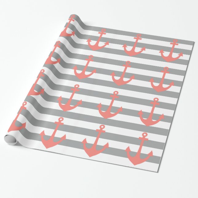 Gray and White Stripes with Coral  Nautical Anchor Wrapping Paper (Unrolled)