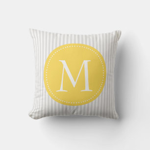 Gray And White Stripes Yellow  Custom Monogram Throw Pillow