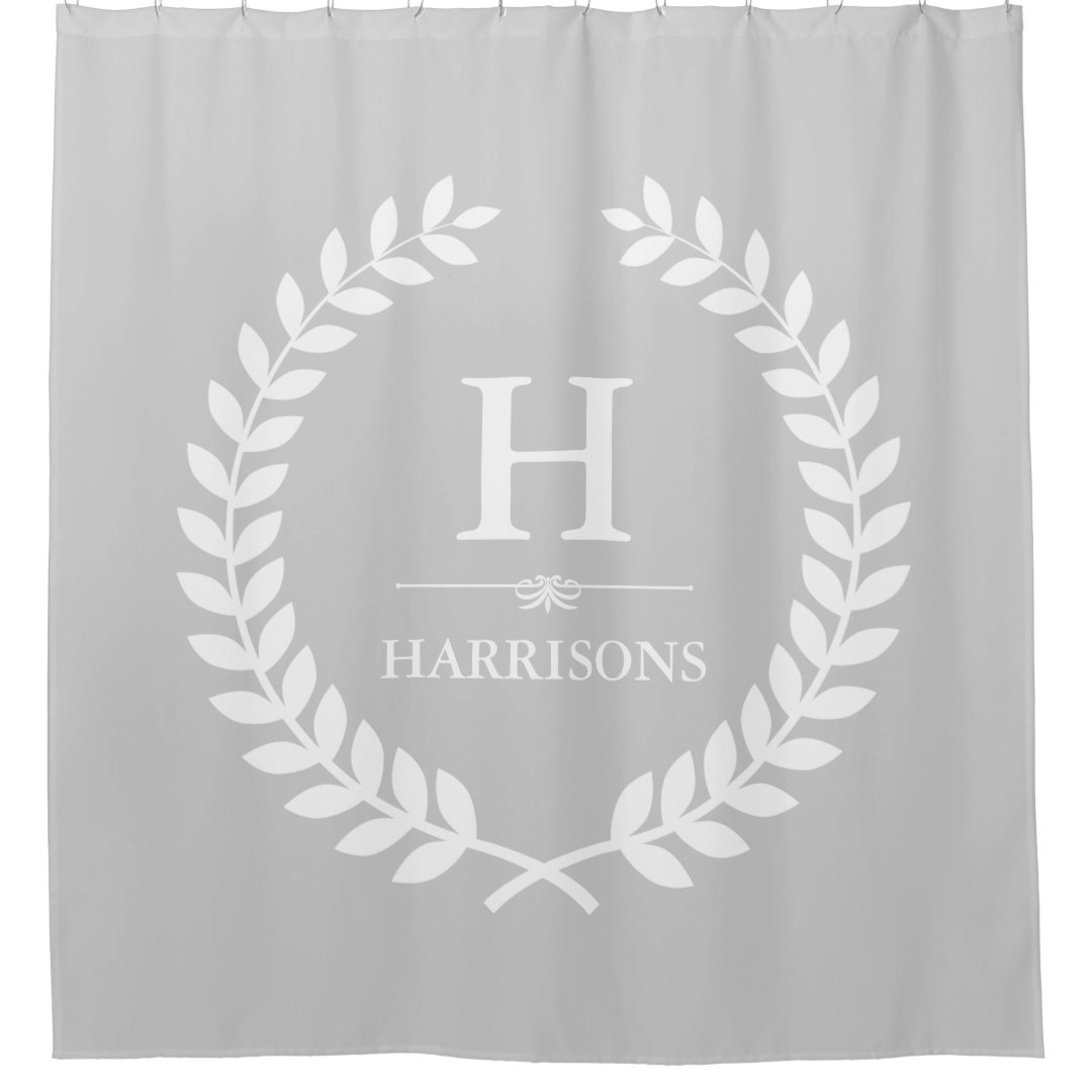 Gray And White Stylish Laurel Wreath Monogram Shower Curtain Zazzle