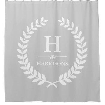 Gray And White Stylish Laurel Wreath Monogram Shower Curtain by ShowerCurtain101 at Zazzle