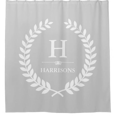 Gray And White Stylish Laurel Wreath Monogram Shower Curtain