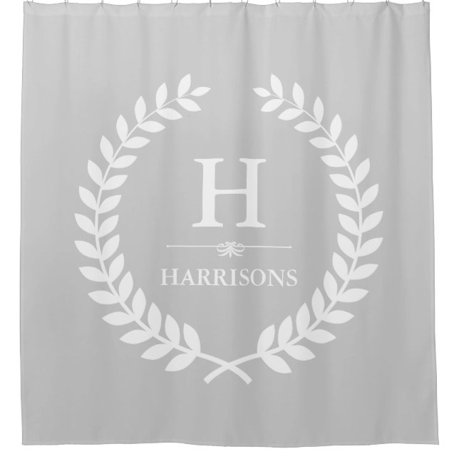 Gray and White Stylish Laurel Wreath Monogram Shower Curtain (Front)