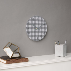 Gray and White Textured Buffalo Plaid Round Clock