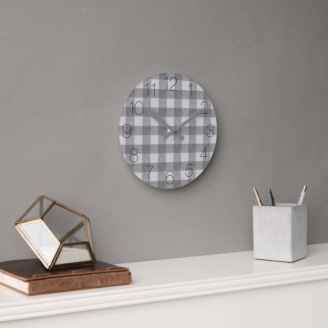 Gray and White Textured Buffalo Plaid Round Clock (Office)