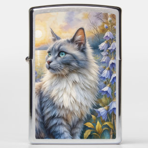 Gray and White tiger cat with purple flowers Zippo Lighter