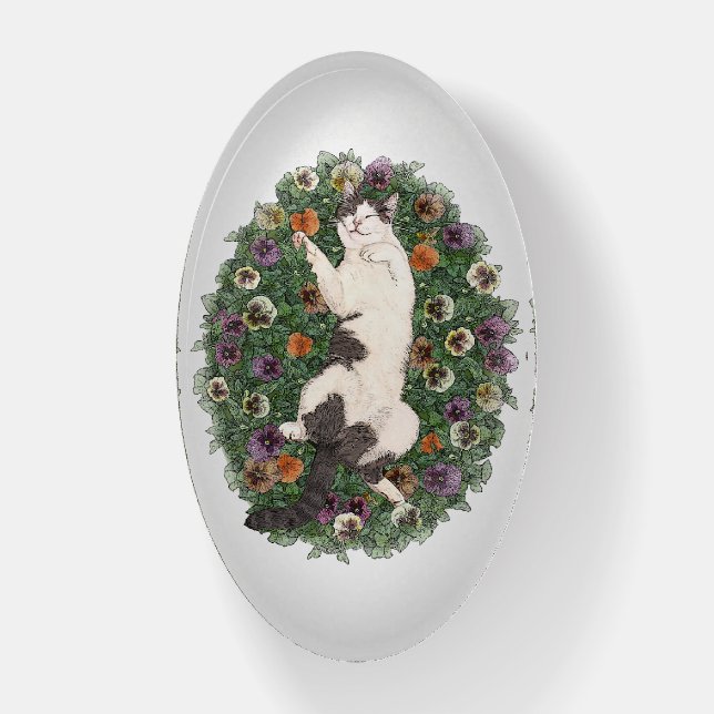 Gray and White Tiger Tabby Cat in Pansies Paperweight (Vertical)