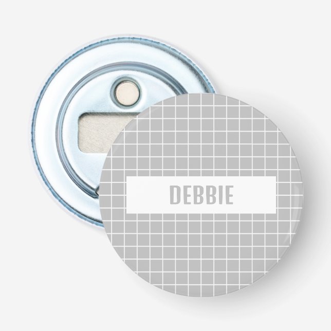 Gray and white tile blocks custom bottle opener (Front)