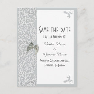 Gray and white traditional lace save the date announcement postcard