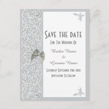 Gray And White Traditional Lace Save The Date Announcement Postcard by personalized_wedding at Zazzle