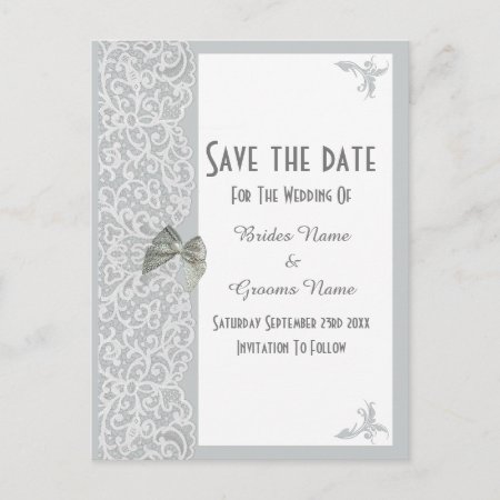 Gray And White Traditional Lace Save The Date Announcement Postcard