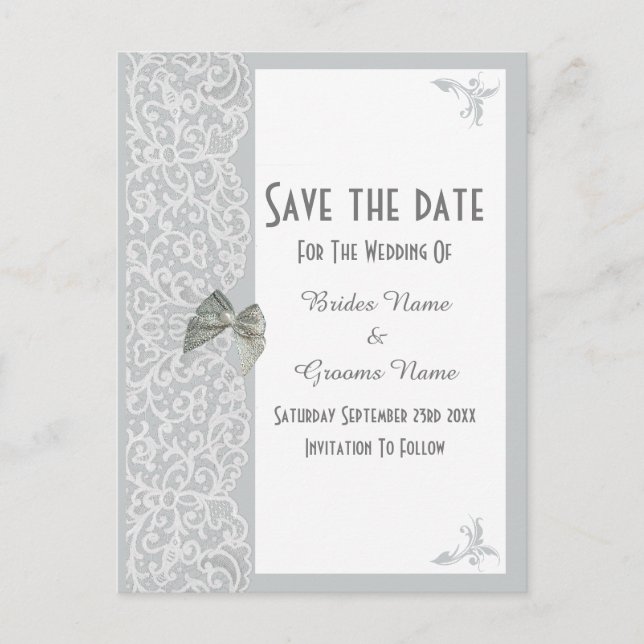 Gray and white traditional lace save the date announcement postcard (Front)