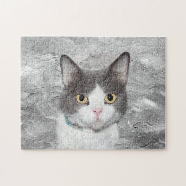 Gray and white tuxedo cat jigsaw puzzle (Horizontal)