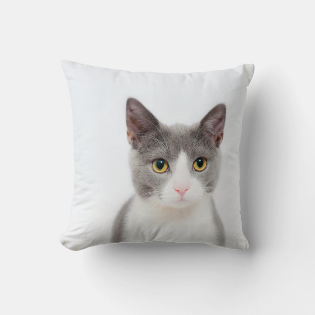 Gray and White Tuxedo Cat Throw Pillow (Front)