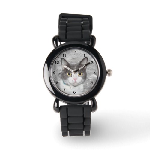 Gray and white tuxedo kitty watch