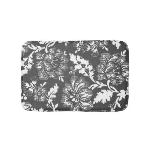 Gray And White Vintage Farmhouse Floral Print Bath Mat