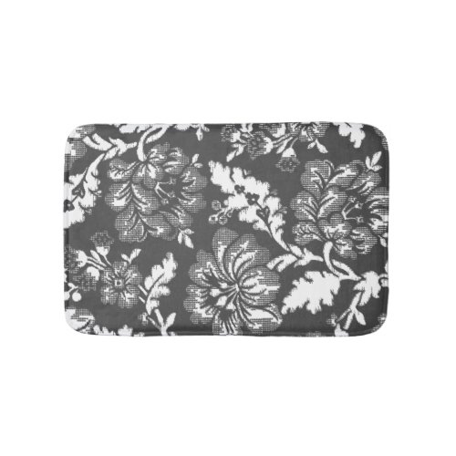 Gray And White Vintage Farmhouse Floral Print Bath Mat