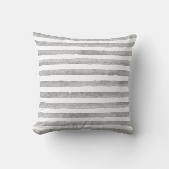 Gray and White Watercolor Stripe Nautical Pillow (Front)
