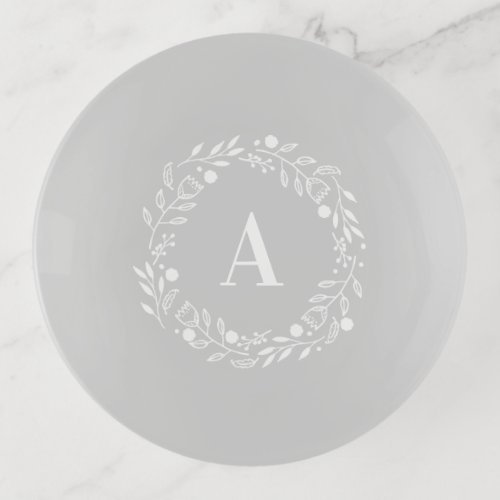 Gray and White Whimsy Wreath Monogram Trinket Tray