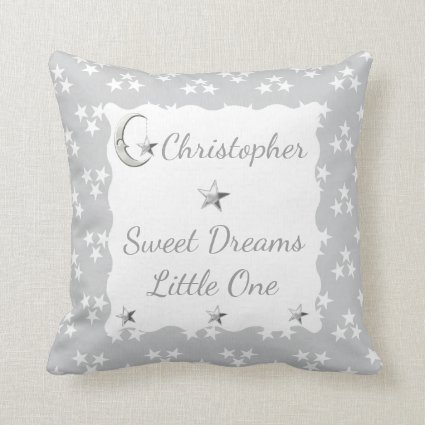 Gray and white with moon stars and baby name throw pillow