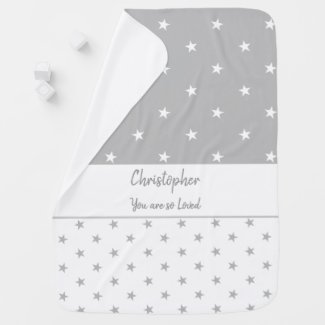 Gray and white with stars and a name baby blanket